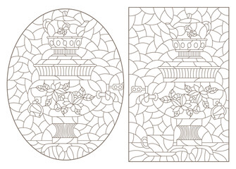 Set of contour illustrations in the style of stained glass with Russian samovars and teapots, dark outlines on a white background