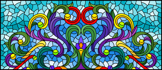 Illustration in stained glass style with abstract flowers, leaves and curls on a blue background, rectangular horizontal image