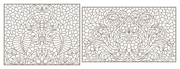 Set contour illustrations of stained glass with abstract swirls and flowers , horizontal orientation, rectangular images