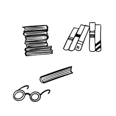 Stack of books on bookshelves black white illustration Hand drawn sketch isolate doodle style on white background