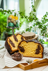 Panettone is an Italian type of sweet bread. Freshly baked sweet braided bread. Eastern European freshly baked dessert