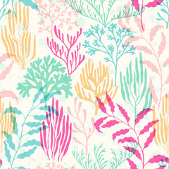 Coral polyps seamless pattern., Tropical coral reef branch silhouette elements.