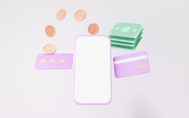 3D rendering Online payment Credit card coin money floating on smartphone whie screen transaction concept. transfer tecnology Internet banking white background cartoon style