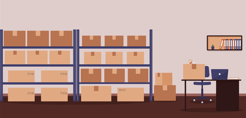 Warehouse: racks with boxes and workplace of warehouse manager, storekeeper or warehouse worker.Tape dispenser on desk with laptop, shelf with folders and cactus.Cozy place of work.Vector illustration