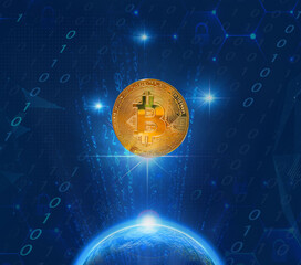 Bitcoin floating in space. Beautiful color