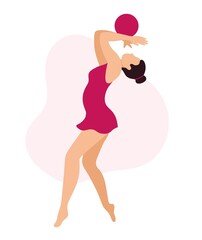 Rhythmic gymnast with ball. Young athletic woman in pink outfit exercises and performs rhythmic gymnastics elements. Flat vector illustration.