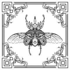 beetle engraving A deer beetle with a face and mask on the wings hand drawn illustration design