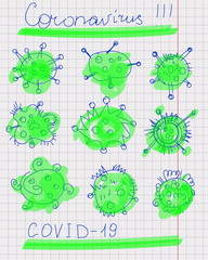 Page of school notebook with hand-drawn marker and pen icons of coronavirus. Sketches, doodles, strokes, arrows, different elements. Isolated. Vector illustration