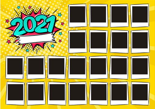 Photo frame for class of 2021 in pop art style. A photo album for a graduating class or community. Vector Template for the design of frames for Kindergarten, photographs, posters, cards.
