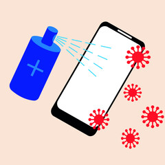 
Coronavirus, 2019-nCoV, Covid-19. Individual protection. Flat contour icons of disinfectant spray for hand disinfection, mobile phone