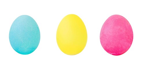 three isolated eggs, pink, yellow, blue