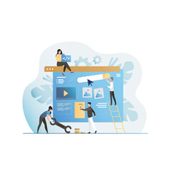 Vector people develop an application, software, work in team, write code, scripts, design, create new site, fix bugs, test. Programmers optimize seo projects, ideas on Internet.