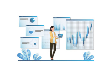 Business woman in laptop with briefcase works with investments, capital, calculations, explore graph, charts with growth of currency sales. Girl is thinking about buying or selling assets on Internet.