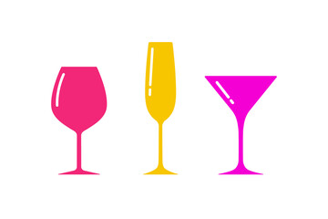 Set of glasses silhouettes,beverage goblets.Alcohol drink icons on a white background.Simple logos.Shape basis for the design.Isolated. Vector illustration