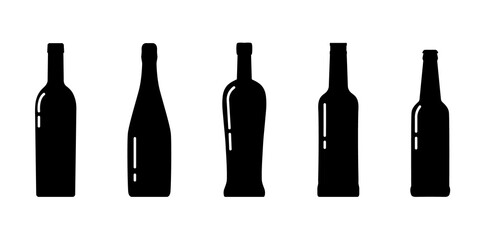 Set of bottle silhouettes,beverage containers.Alcohol drink icons on a white background.Simple romantic logo.Shape basis for the design.Isolated. Vector illustration