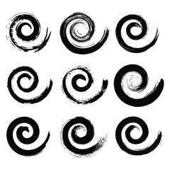 Set of black grunge spiral stripes. Distress textures. Doodle style design elements for frames, badges, labels and emblems. Grunge round brush strokes. Ink blots