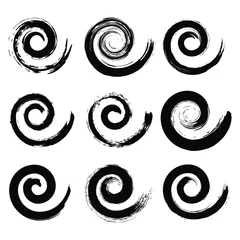 Rolgordijnen Set of black grunge spiral stripes. Distress textures. Doodle style design elements for frames, badges, labels and emblems. Grunge round brush strokes. Ink blots © Karloni