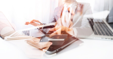Searching Browsing Internet Data Information with blank search bar.businessman working with smart phone, tablet and laptop computer on desk in office. Networking Concept