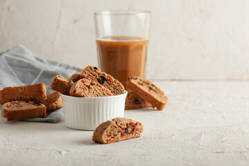 Italian cantuccini cookies with strawberries and raisins. Biscotti cookies with copy space for text.