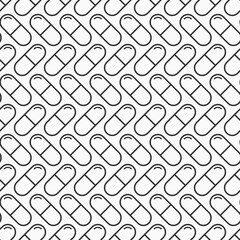 Vector seamless pattern with pills, tablets, isolated on white background. Medical preparations. Linear style design. Black and white illustration.