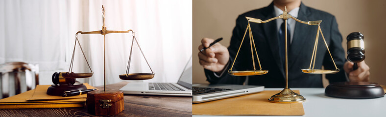 Justice and law concept.Male judge in a courtroom with the gavel, working with, computer and...
