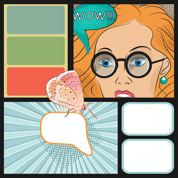 Comic style template. Shocked girl and empty bubbles for inscriptions or pictures. Vector illustration