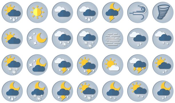 Papercut weather icons set for white background. Vector illustration. White clouds, fog sign, day and night for forecast design. Winter and summer symbols, sun and thunderstorm stickers.