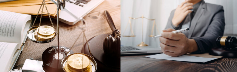 Fototapeta na wymiar Justice and law concept.Male judge in a courtroom with the gavel, working with, computer and docking keyboard, eyeglasses, on table in morning light