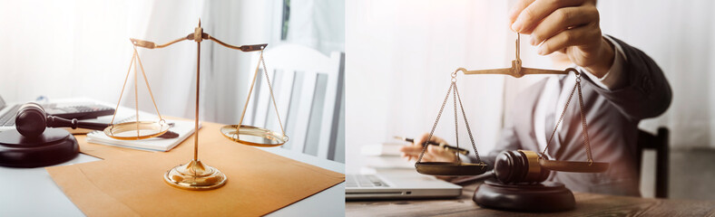 Business and lawyers discussing contract papers with brass scale on desk in office. Law, legal...