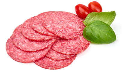 Smoked sausage slices, isolated on white background. High resolution image