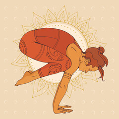 Yoga pose woman with a golden mandala on the background