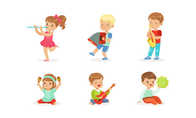 Smiling Boy and Girl Playing Flute and Saxophone Vector Set