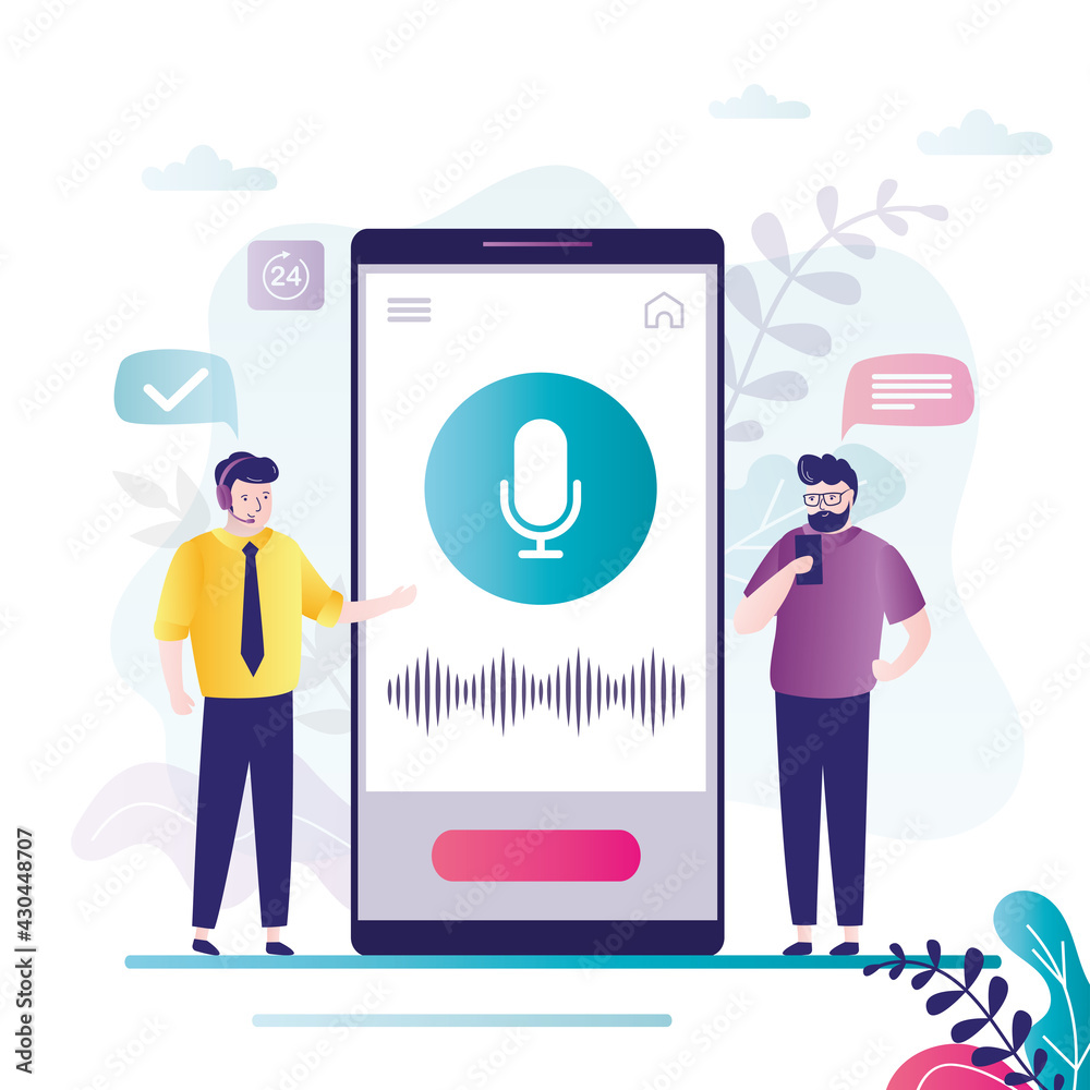 Wall mural two men using a smart voice assistant. male character records voice messages via smartphone