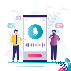 Two men using a smart voice assistant. Male character records voice messages via smartphone