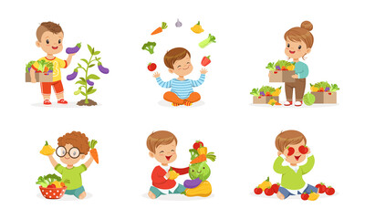 Little Children at Garden Bed with Ripe and Juicy Vegetables Vector Set