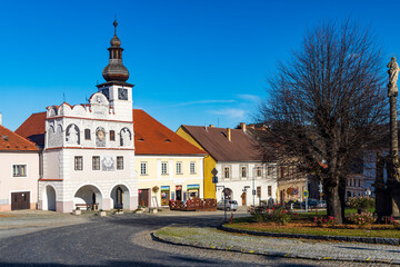 Obraz premium Town hall on square in Volyne, Southern Bohemia, Czech Republic