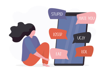 Cyber bullying. Sad girl sitting near smartphone. Hate speeches on cellphone screen. Loneliness young woman under pressure.