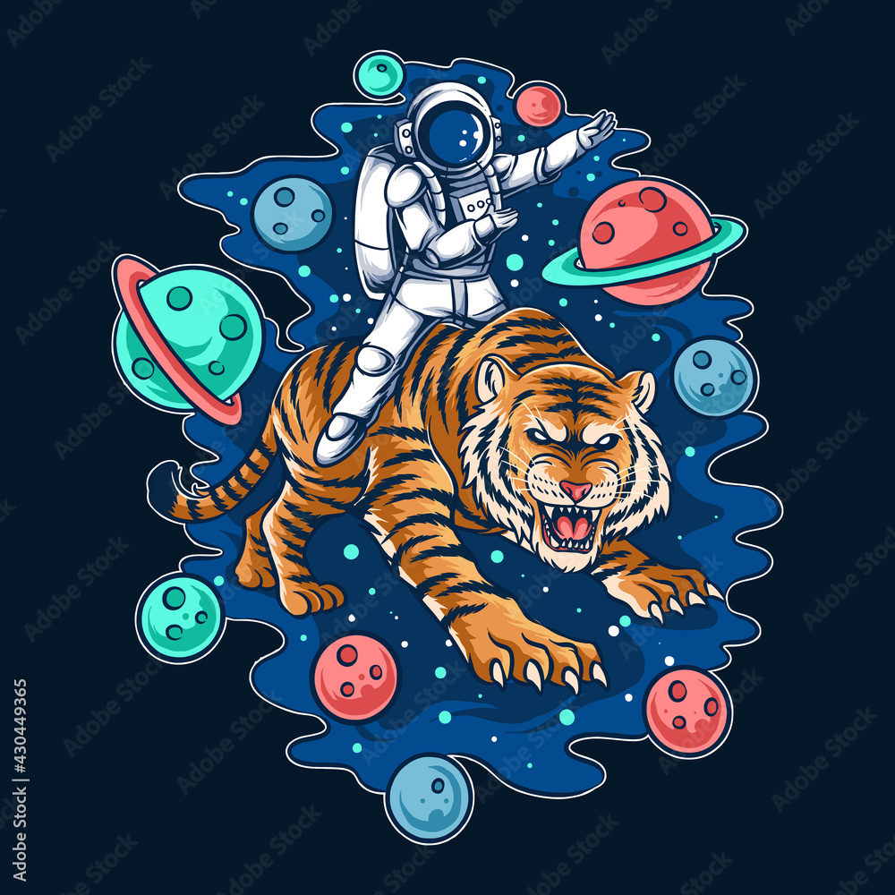 Poster astronaut riding outer space tiger, editable layer vector