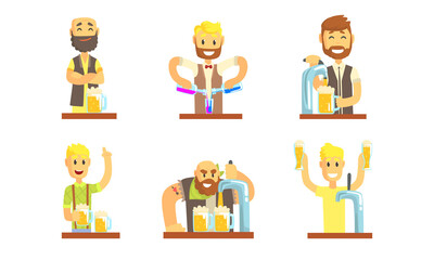 Man Bartender or Barkeep Serving Alcoholic or Soft Drink Beverages Behind the Bar Vector Set