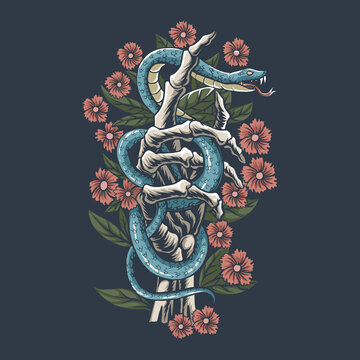 The snake is on the hand bones of the skull between the flowers, editable layers vector