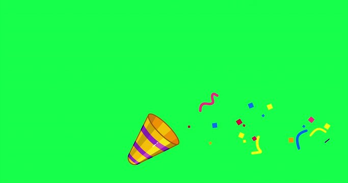 Animated confetti. Party popper, emoji. 4k video. Exploding party popper with confetti, bright cartoon birthday cracker. Motion graphic design. Flapper for celebrating a new year, holiday.