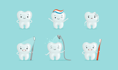 Cute White Tooth Character Holding Toothbrush and Dental Tool Vector Set