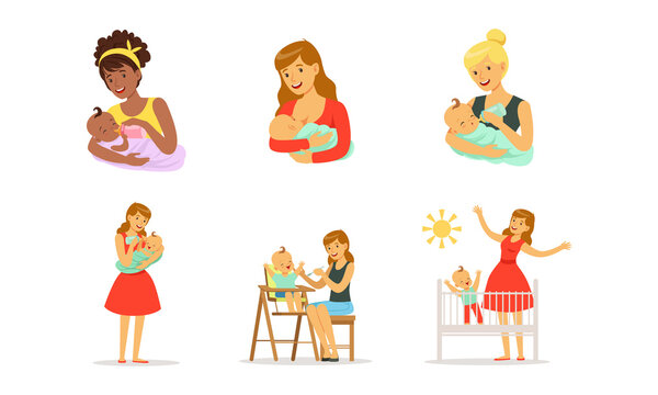 Young Mother Nursing Her Little Baby Bottle And Breast Feeding Vector Set