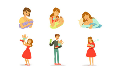 Young Mother and Father Nursing Their Little Baby Bottle and Breast Feeding Vector Set