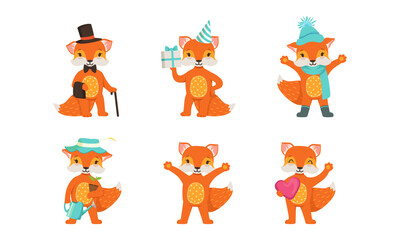 Fototapeta premium Cute Little Fox Holding Gift Box, Gardening and Waving Paw Vector Set
