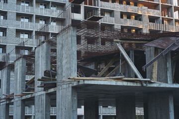 Unfinished abandoned multi-storey concrete buildings. Kiev, Ukraine.