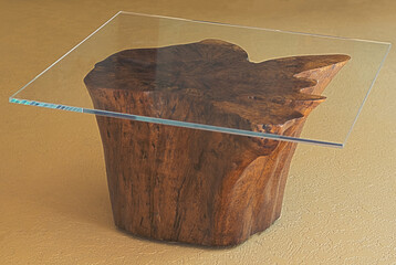 Oak log table base with clear acrylic top 1