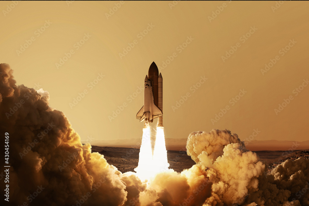 Poster rocket takes off on the red planet mars. spaceship re-launch up. space wallpaper