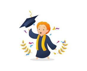Illustration of happy graduated boy. Graduated boy wearing academic dress and graduating cap . Children celebrating graduation isolated on white.