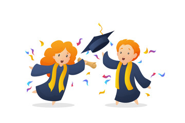 Illustration of happy graduated students. Graduated students wearing academic dress with graduation cap and diploma. Children celebrating graduation isolated on white.